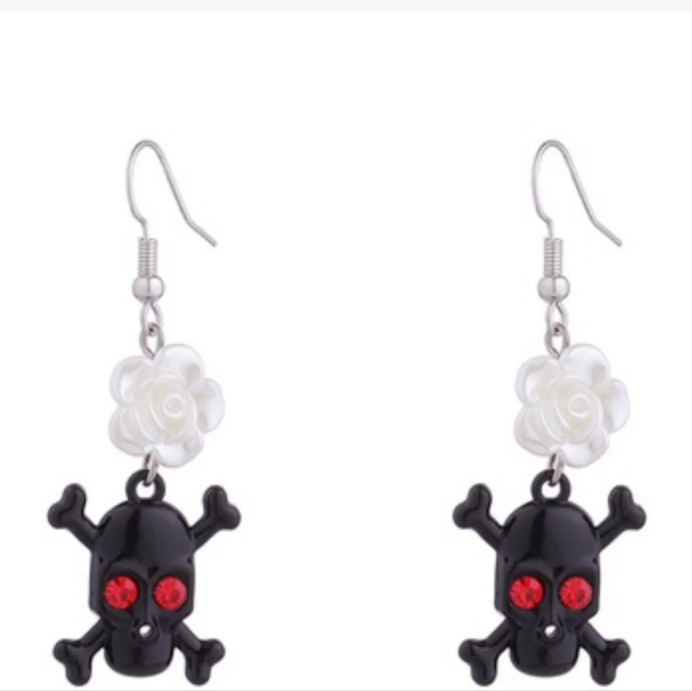 Skull & Crossbone Dangle Drop Earrings With Red Gems/Rinestones For Eyes - Picture 6 of 7